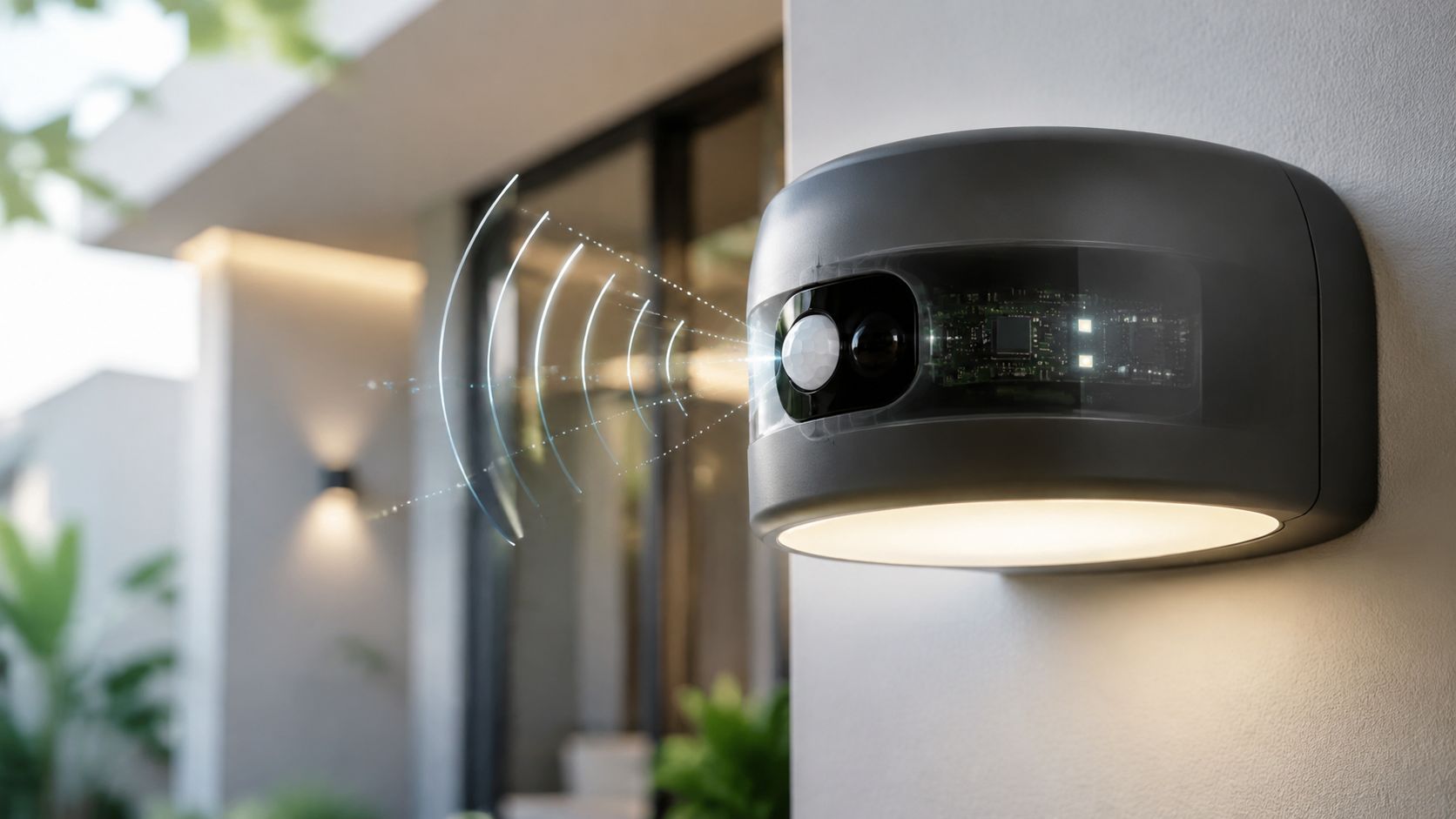 En moderne udendørslampe med indbygget bevægelsessensor monteret på en husvæg med synlige elektroniske komponenter og lysbølger.