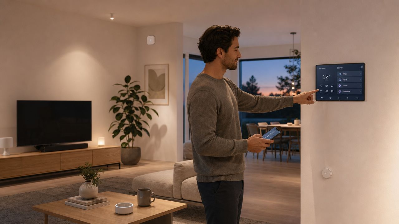 En mand bruger et vægmonteret smart home-kontrolpanel til at styre lys og enheder i sin stue.