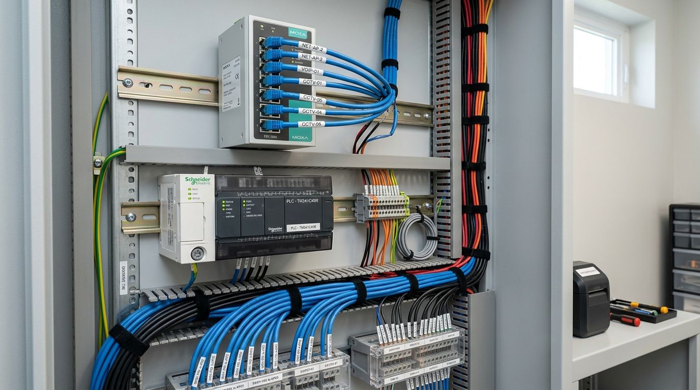 Et organiseret elektrisk styreskab med en Moxa netværksswitch og en Schneider Electric PLC monteret på din-skinner.