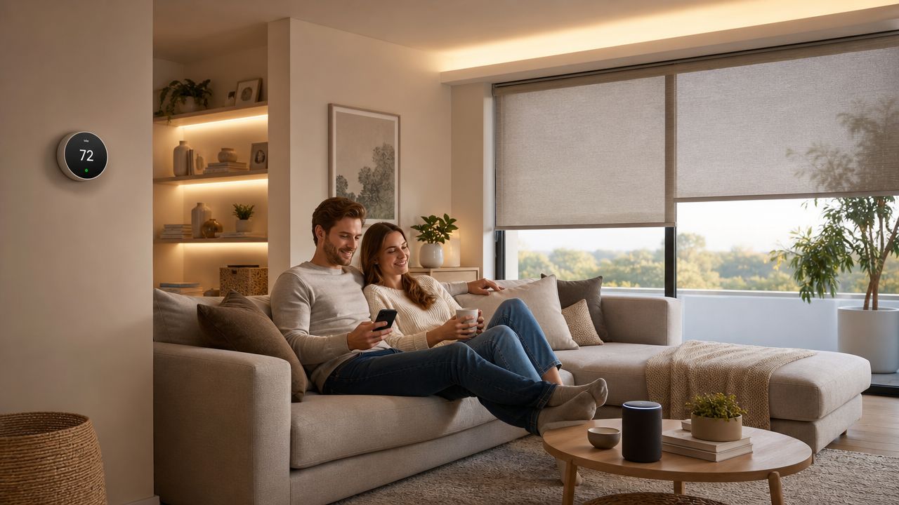 Et lykkeligt par sidder i en moderne stue med smart home-teknologi og afslappet belysning.