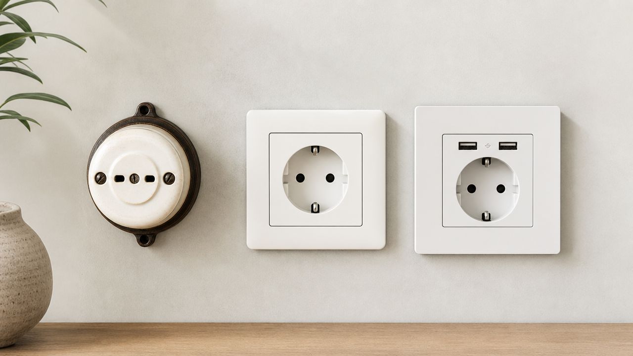Tre forskellige typer af elektriske stikkontakter monteret på en neutral, lys væg over en træhylde.