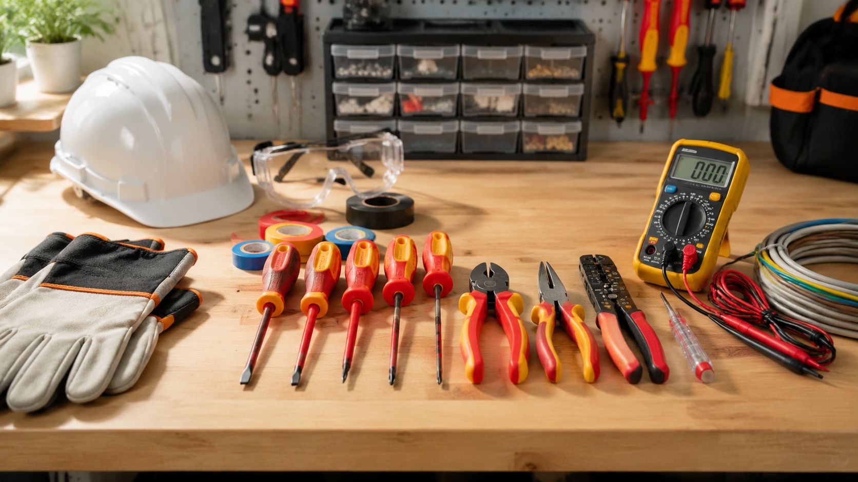 En arbejdsbænk med forskelligt elektriker-værktøj, herunder en multimeter, isolerede skruetrækkere, tænger, handsker og en hvid hjelm.