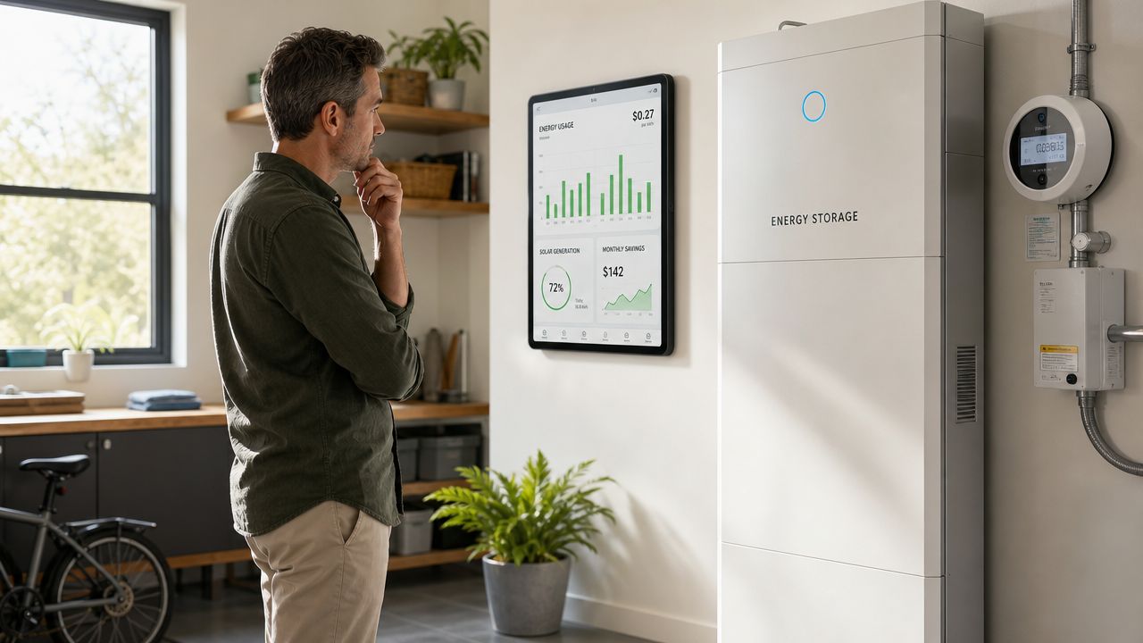 En mand ser på en energiskærm og et batterilager til solceller installeret på væggen i et hjem.