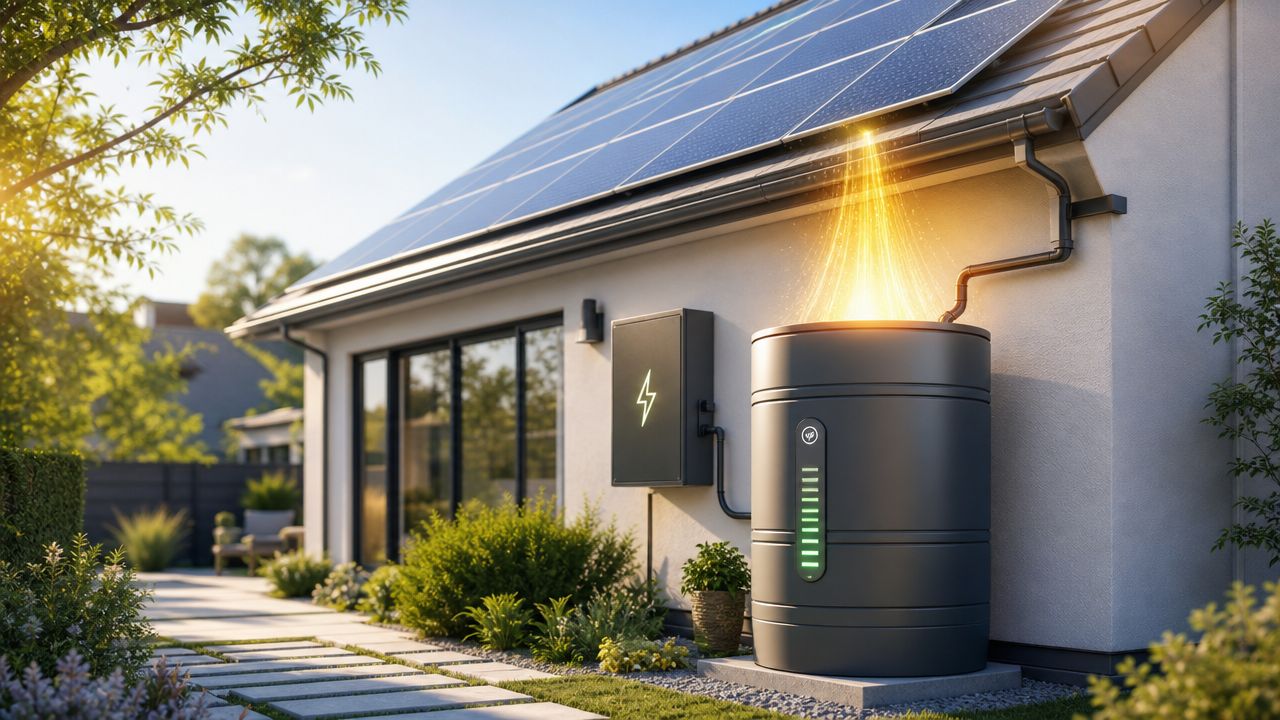 Et moderne bolighus med solpaneler på taget og et effektivt batterilager til energilagring installeret ved væggen.