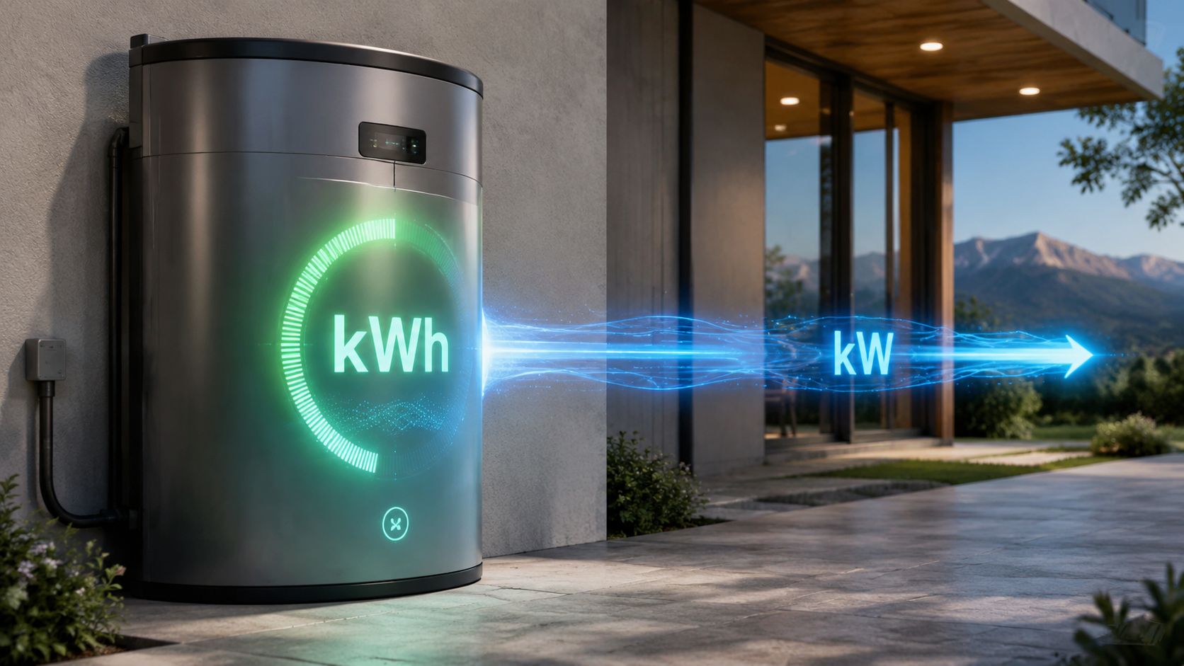 Et moderne batterilager til solceller monteret på en husvæg, der viser energioverførsel med lysende kW-indikator.