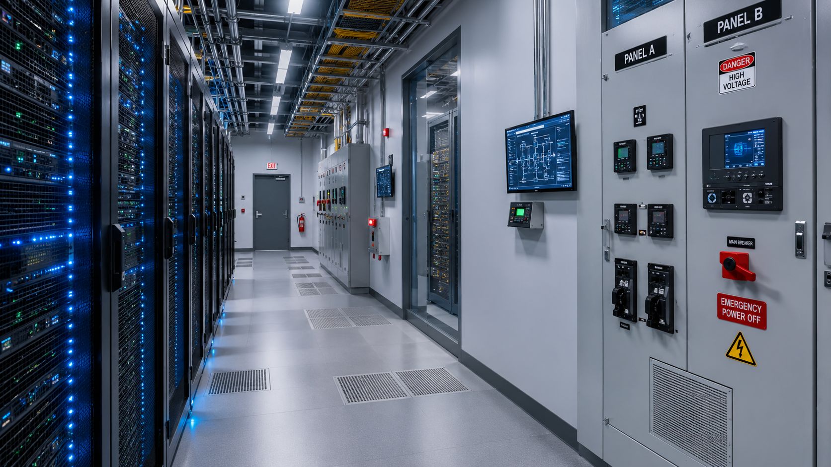 Et moderne serverrum med rækker af blinkende servere, elektriske kontrolpaneler og avancerede overvågningsskærme i et professionelt datacenter.