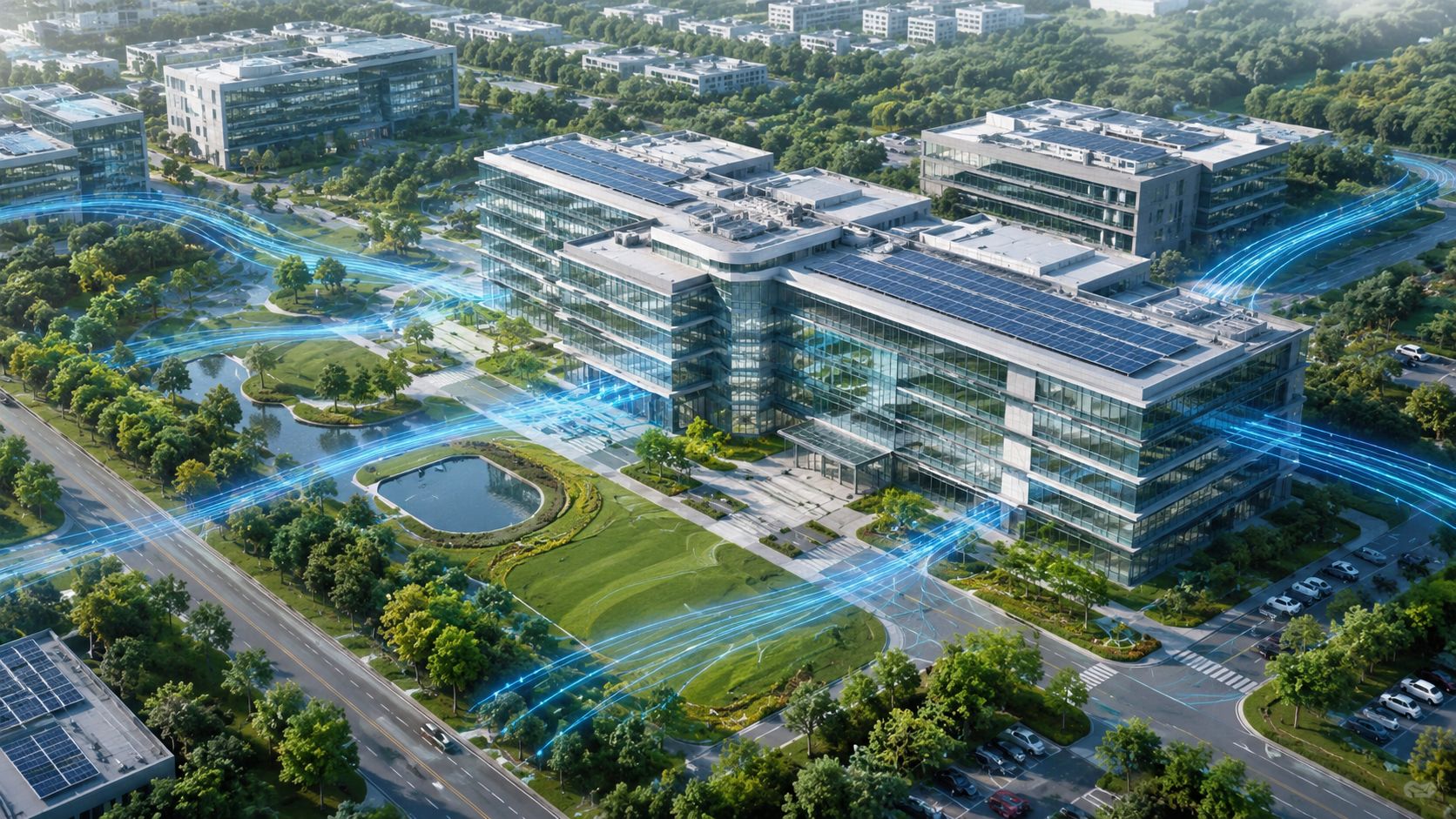 Moderne kontorbygning med solceller på taget og abstrakte blå lyslinjer, der symboliserer digital infrastruktur og facility management.