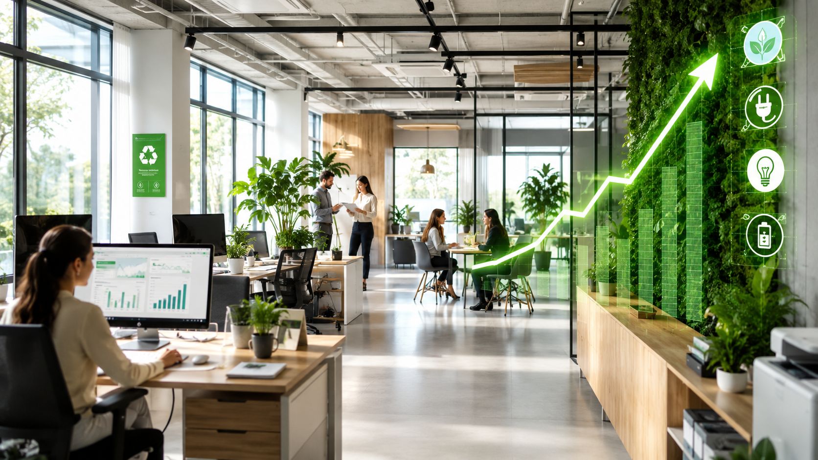 Moderne kontorlandskab med ansatte og digital grafik, der symboliserer bæredygtighed, miljøvenlige løsninger og effektiv facility management.