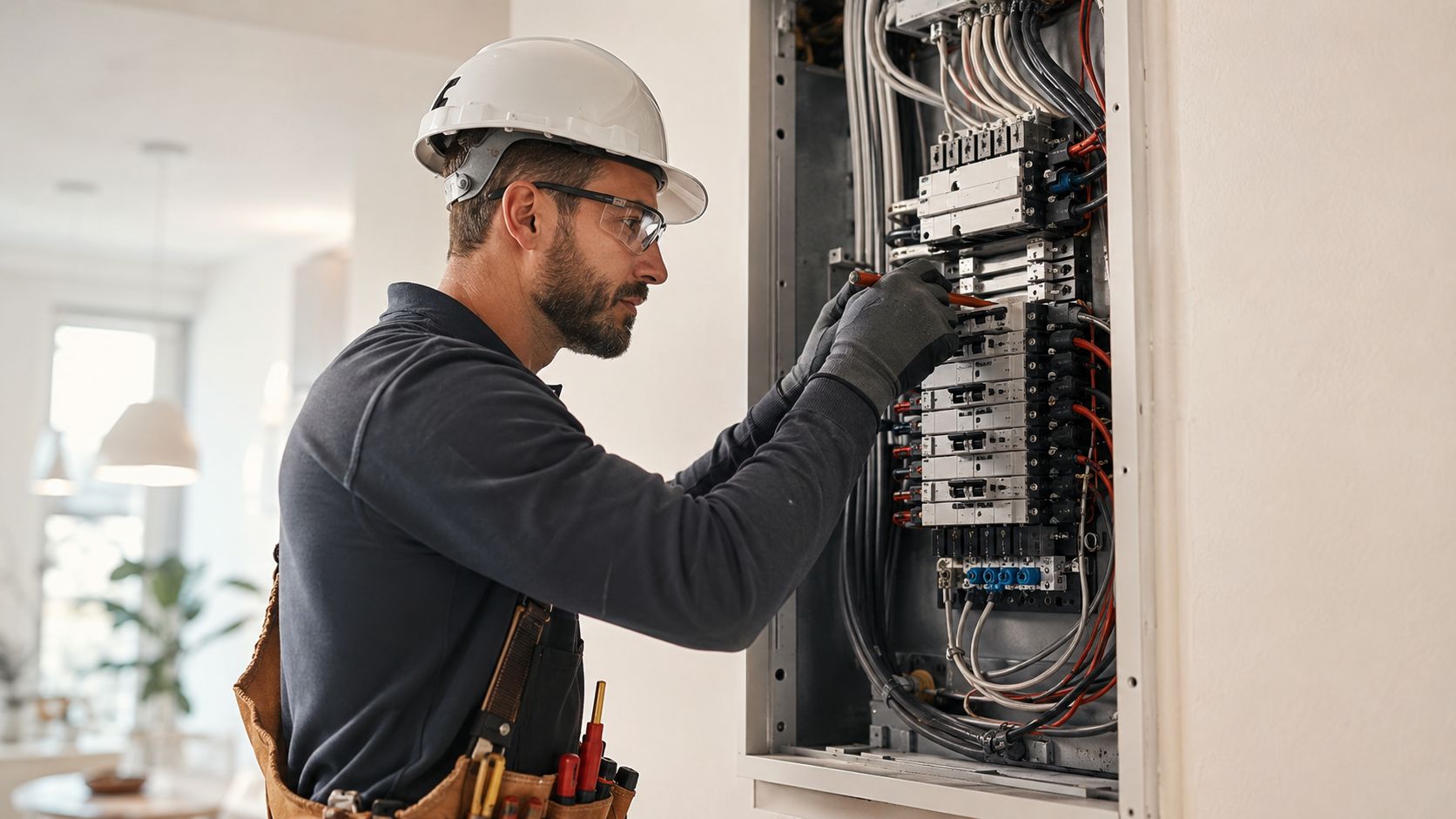 En elektriker i sikkerhedsudstyr arbejder koncentreret på at installere eller vedligeholde et moderne elektrisk sikringsskab i et hjem.