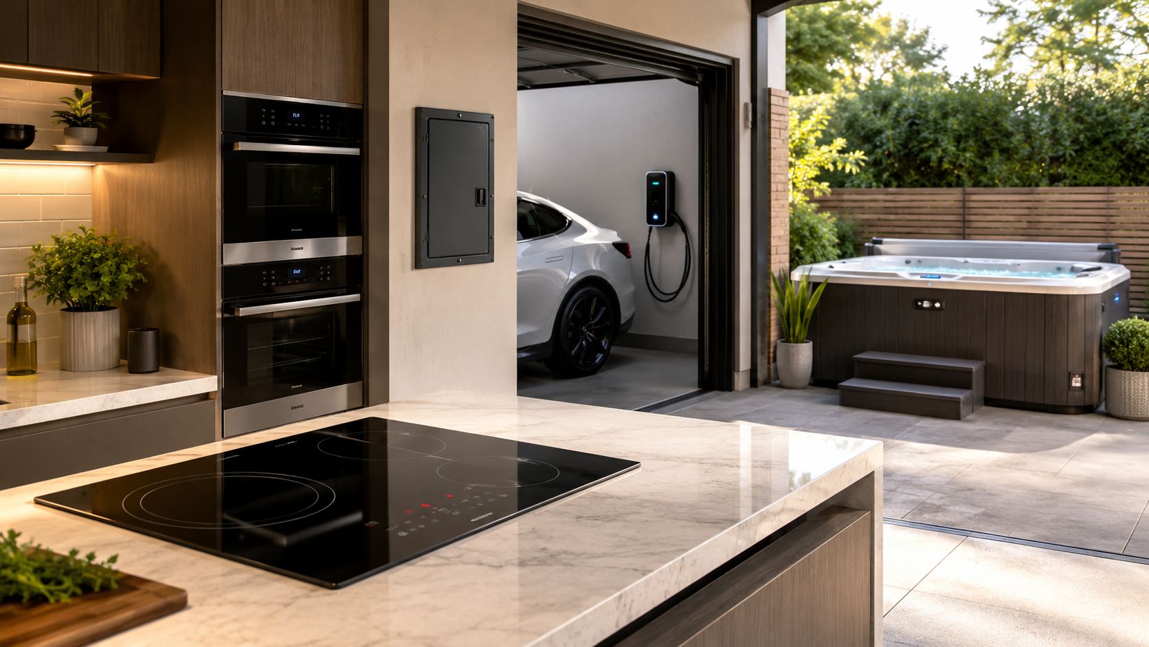 Moderne køkken med ovne, induktionskogeplade og adgang til garage med ladestander og udendørs spa i haven.