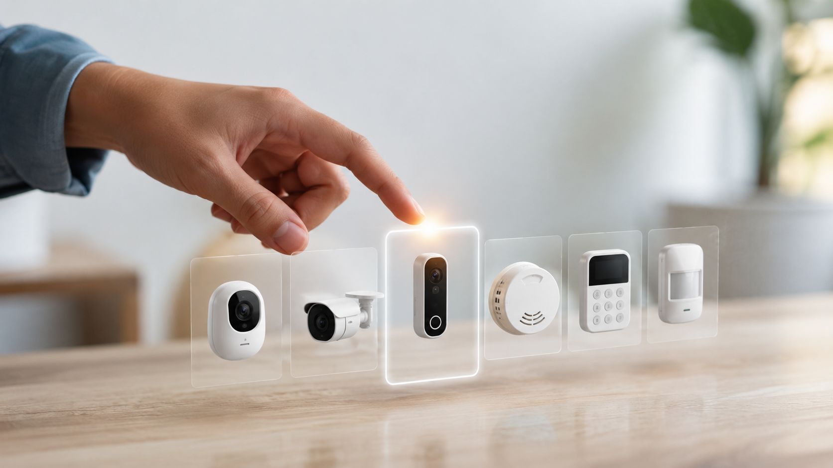 En person rører ved en virtuel menu med ikoner af forskellige smarthome-enheder til alarmer og overvågning.