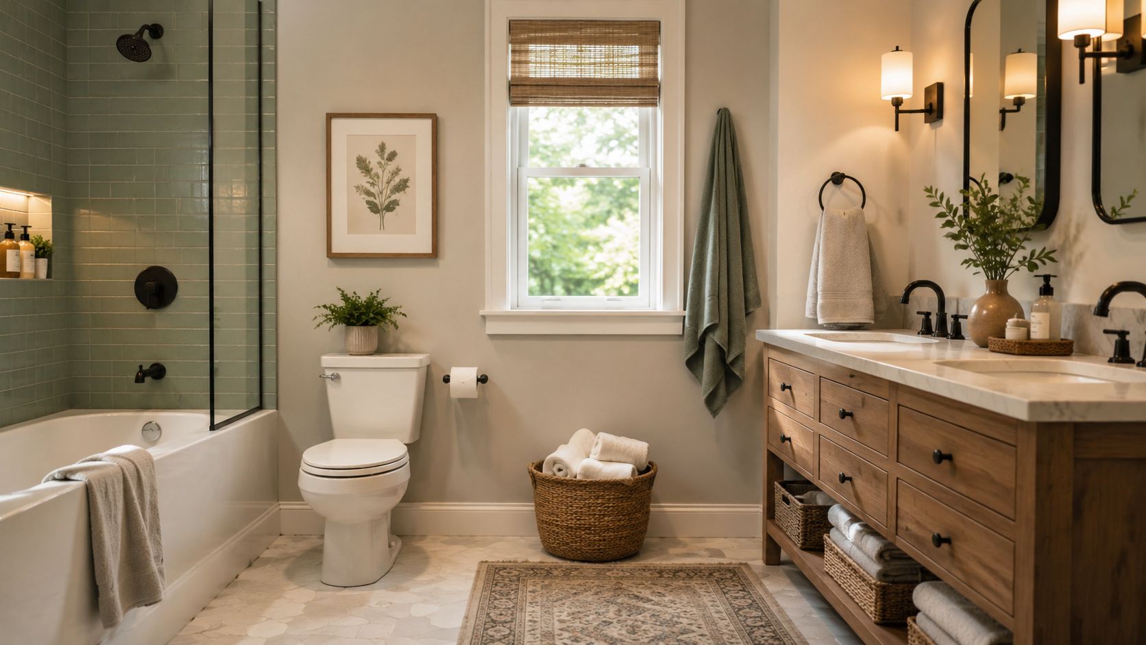 Et moderne, lyst badeværelse med træskabe, hvidt toilet, badekar med glasvæg og elegant indretning i naturfarver.