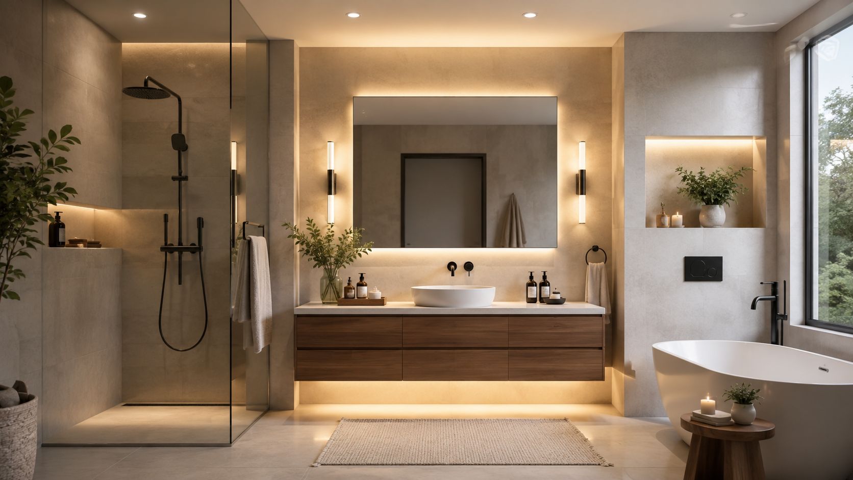 Moderne badeværelse med træskab, badekar, bruseniche og stemningsfuld indbygget belysning i en elegant, minimalistisk stil.