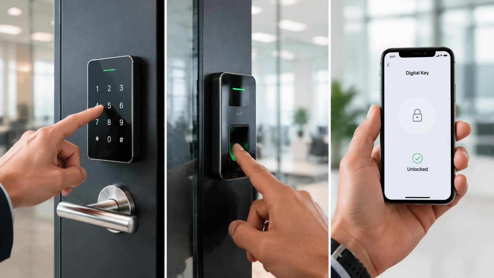 En person, der benytter forskellige moderne adgangskontrolmetoder som tastatur, fingeraftryksscanner og digital nøgle via en smartphone.