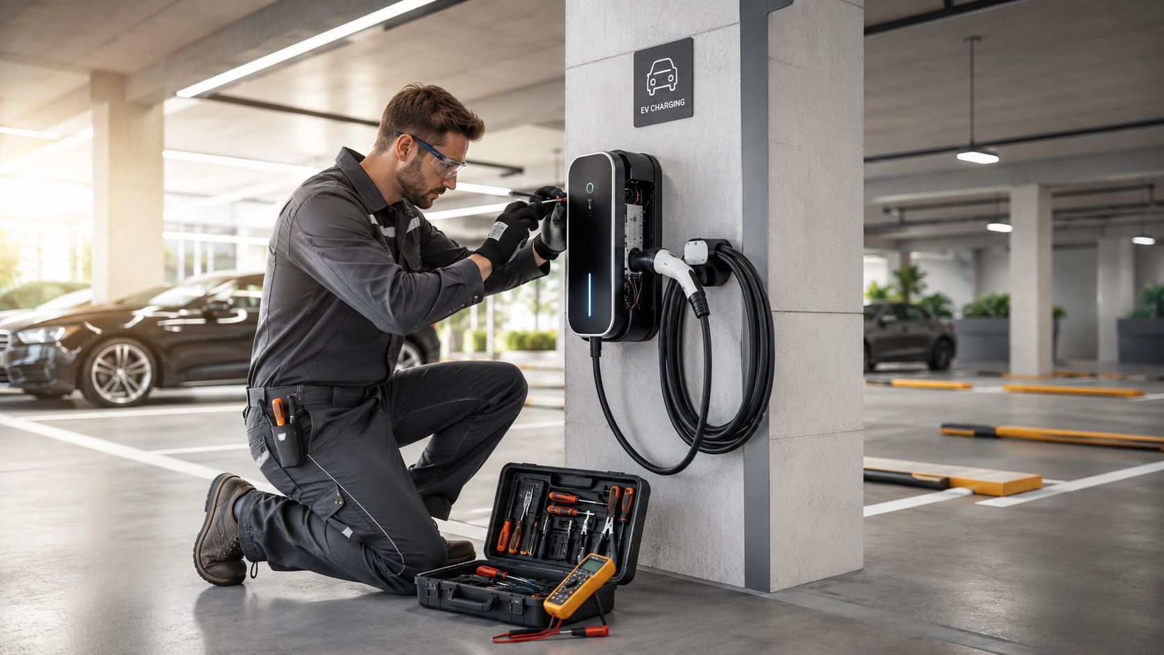 En tekniker reparerer eller installerer en elektrisk ladestander i et moderne parkeringsanlæg til elbiler.