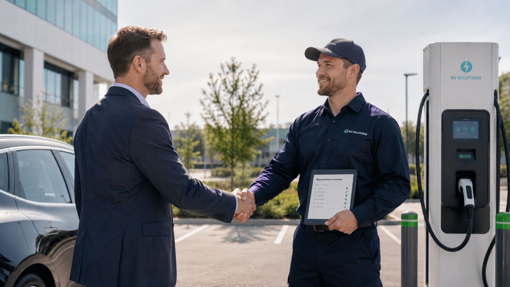 En forretningsmand giver hånd til en servicetekniker fra EV Solutions ved en offentlig ladestander til elbiler.