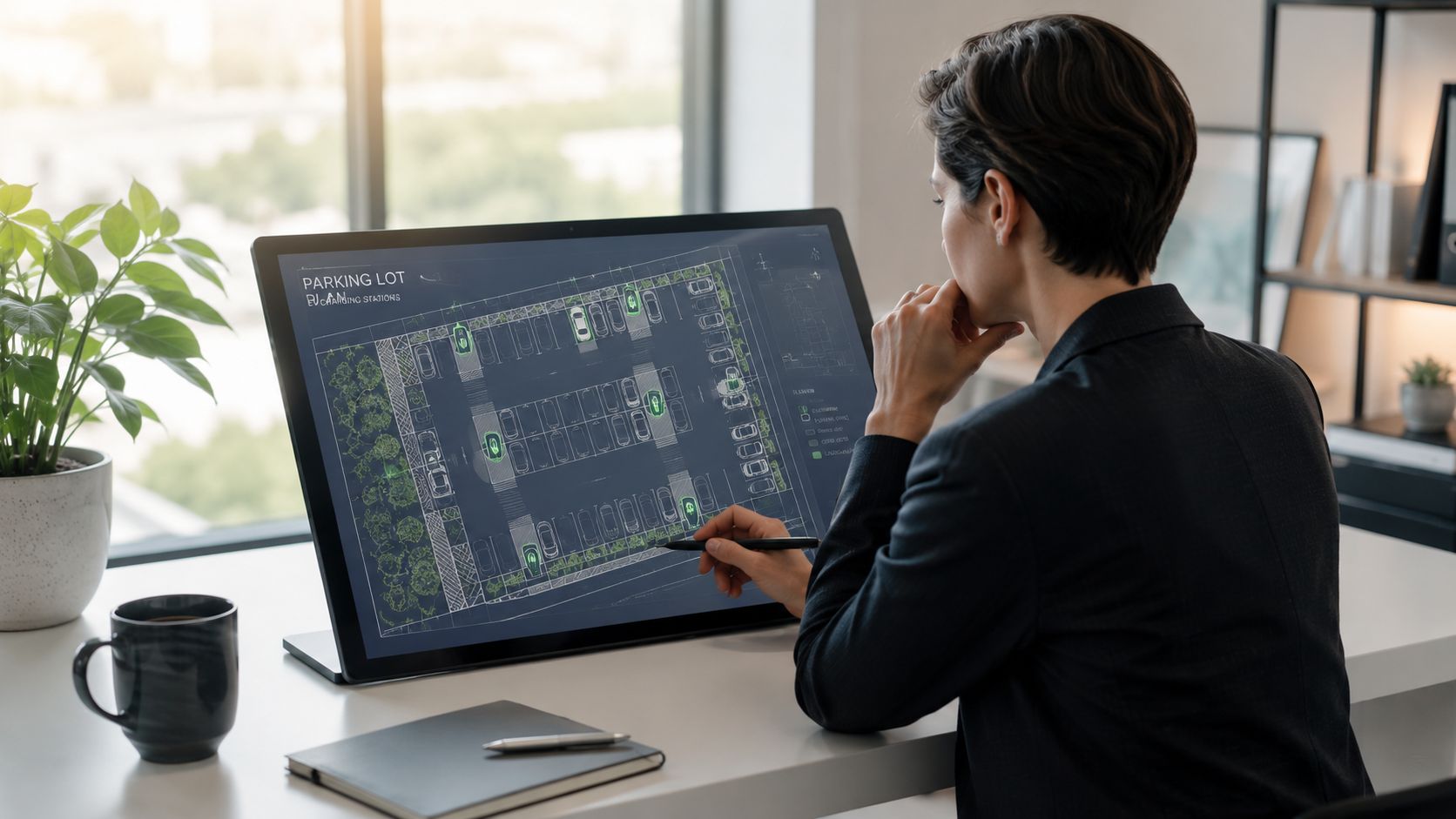En forretningskvinde kigger på en plantegning over en parkeringsplads med elbil-ladestandere på sin computerskærm på kontoret.