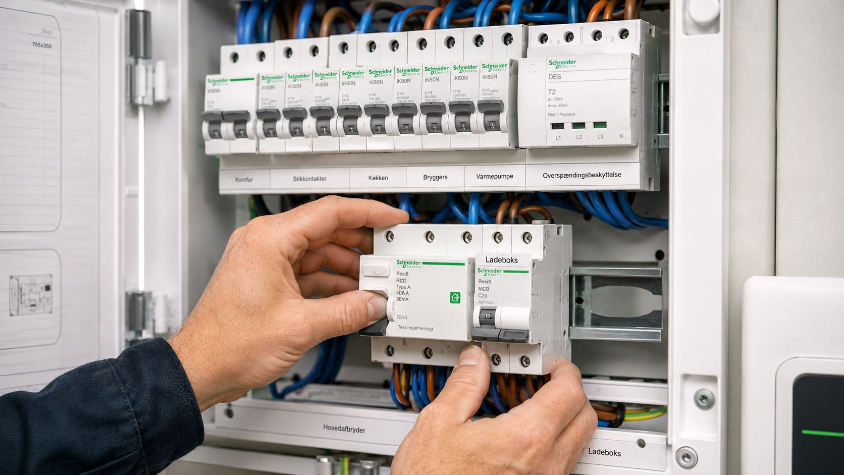 En elektriker installerer komponenter til en ladestander i en eltavle i et moderne hjem.