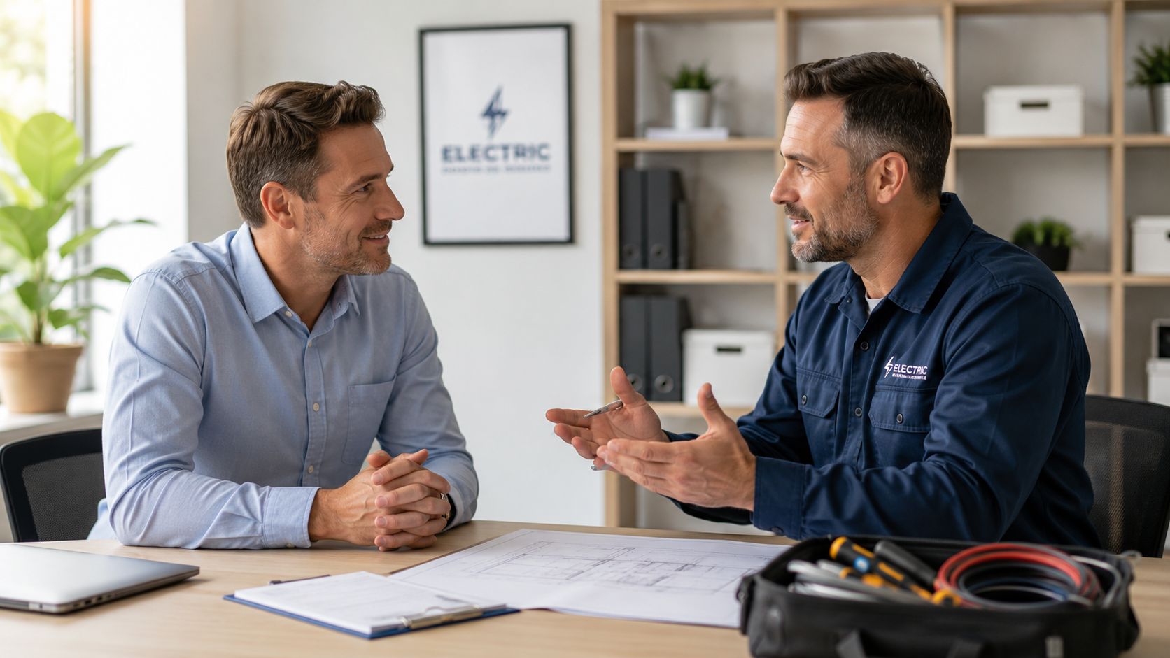 To mænd, en kunde og en elektriker, diskuterer en el-plan over et bord på et kontor.