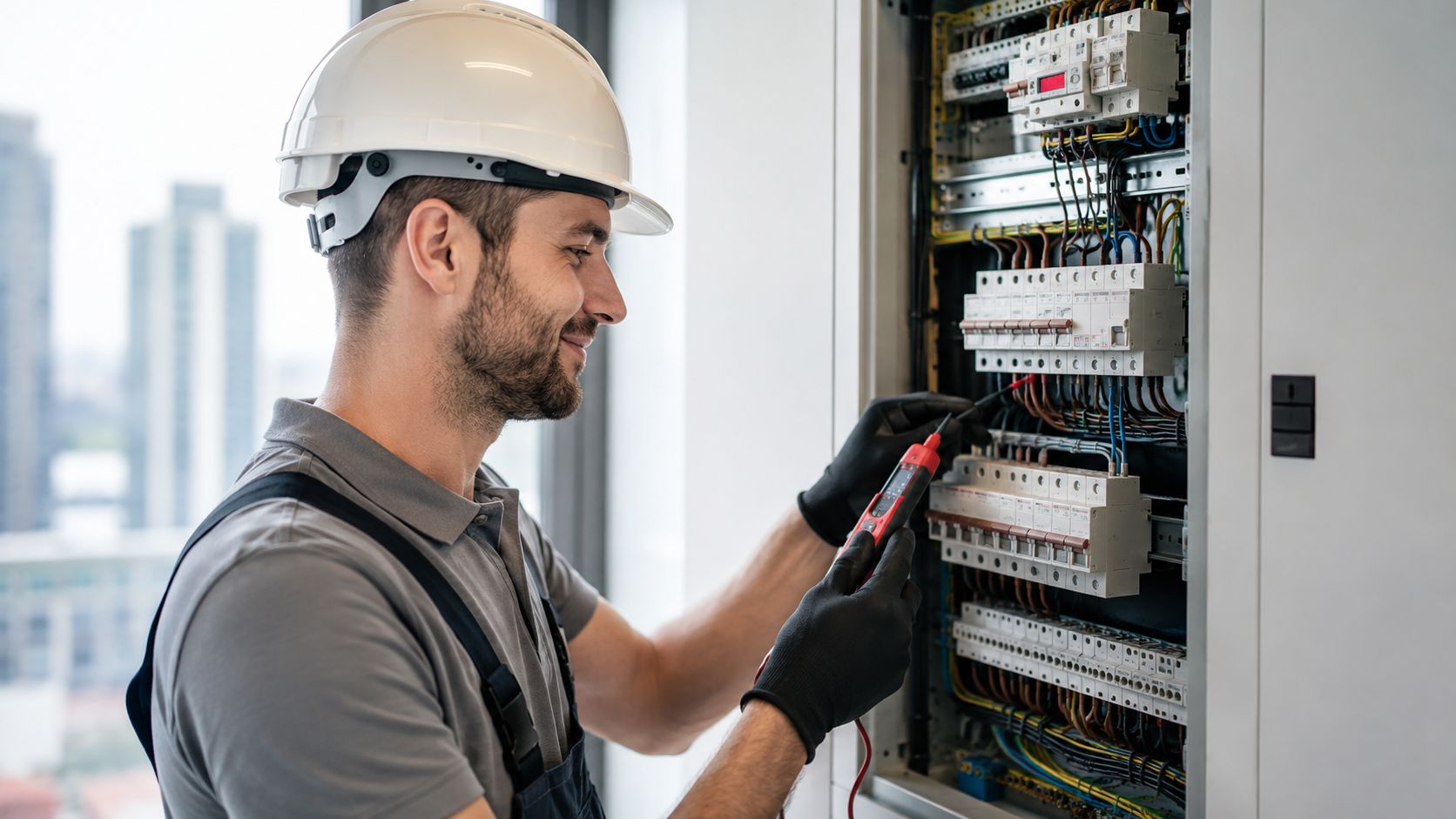 En smilende elektriker med sikkerhedshjelm arbejder på et el-skab med måleudstyr i en moderne bybygning.