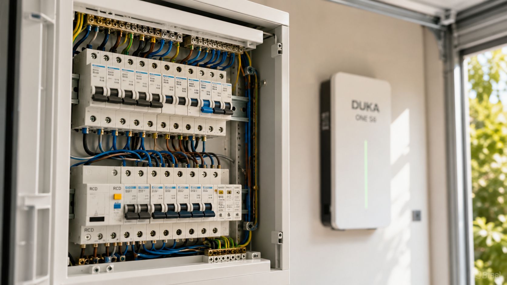 Et elektrisk eltavleskab med automatsikringer ved siden af en Duka One S6 ventilationsenhed monteret på væggen.