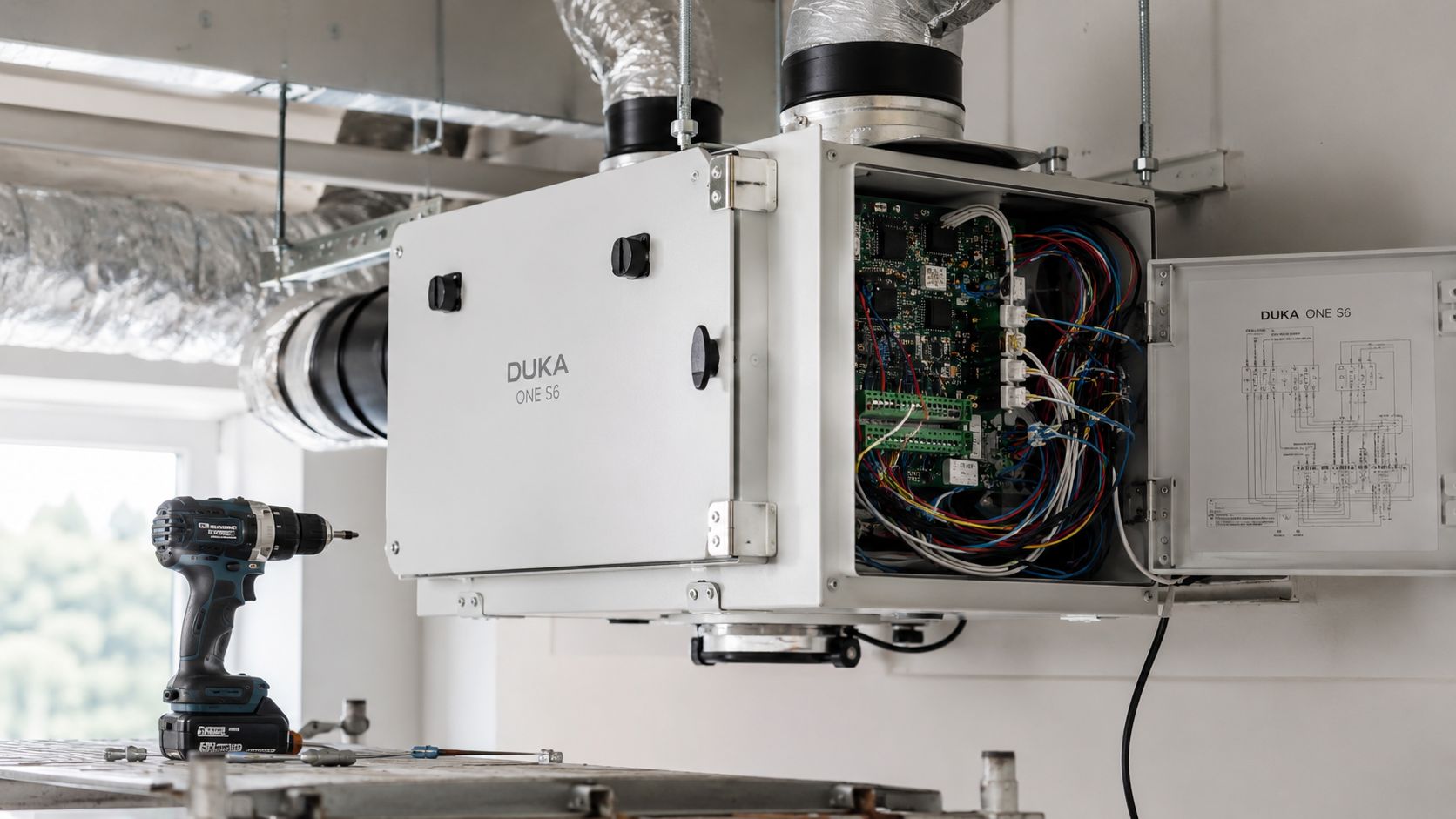 Duka One S6 ventilationsenhed monteret i loftet med åben kontrolboks og elektriske ledninger samt boremaskine ved siden af.