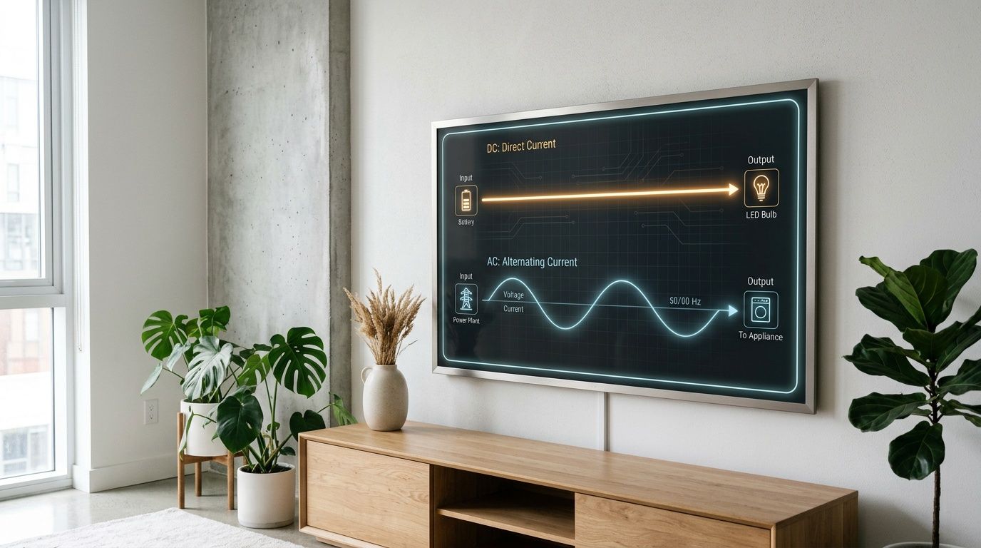 En skærm monteret på en væg viser en pædagogisk grafik, der forklarer forskellen mellem jævnstrøm og vekselstrøm.