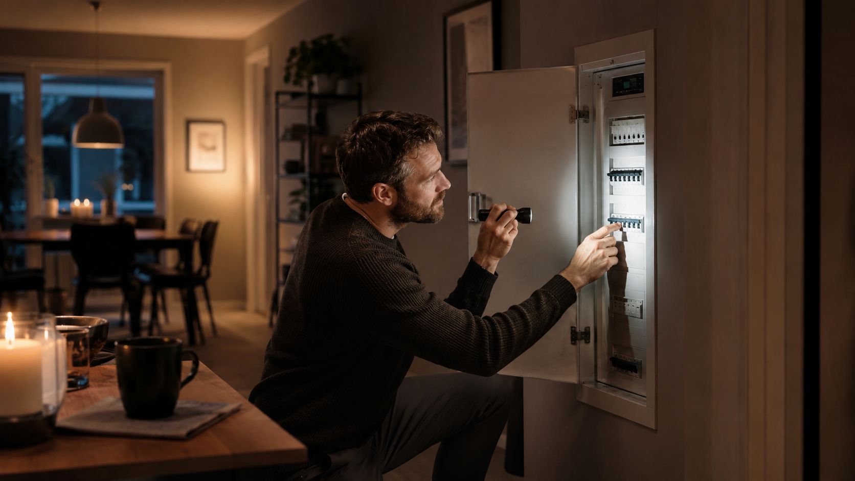 En mand undersøger et elektrisk sikringsskab med en lommelygte under et strømsvigt i en hyggelig stue.