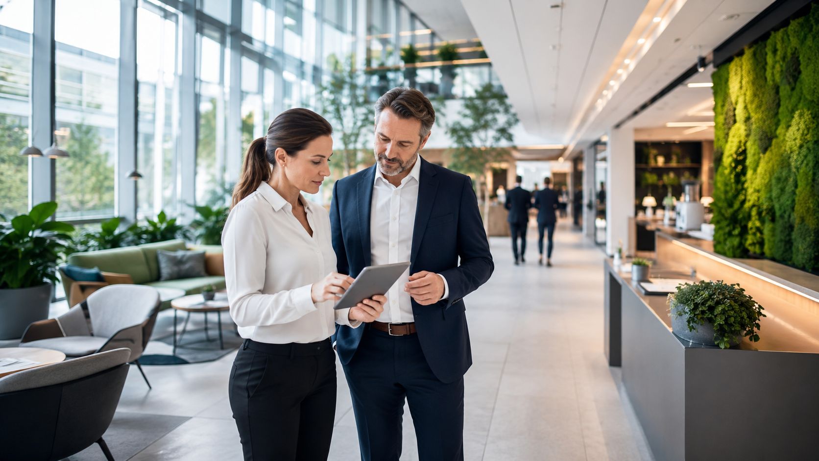 En forretningskvinde og en forretningsmand diskuterer strategi ved hjælp af en tablet i et moderne kontormiljø.