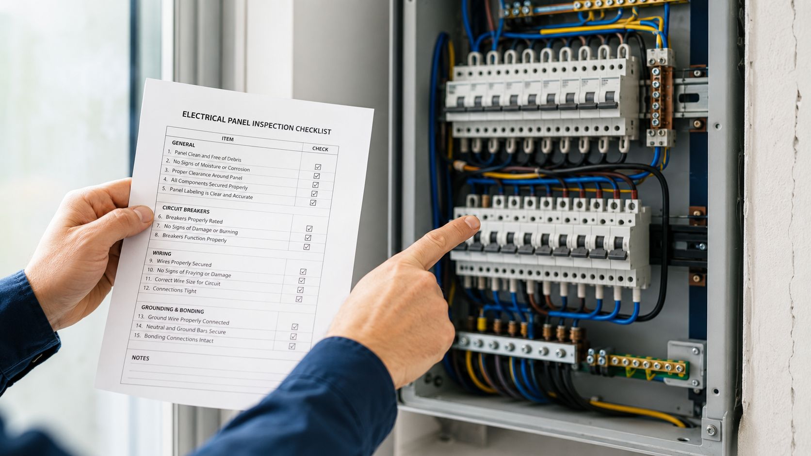 En elektriker holder en tjekliste og peger på et åbent el-tavlesystem under en rutinemæssig sikkerhedsinspektion.