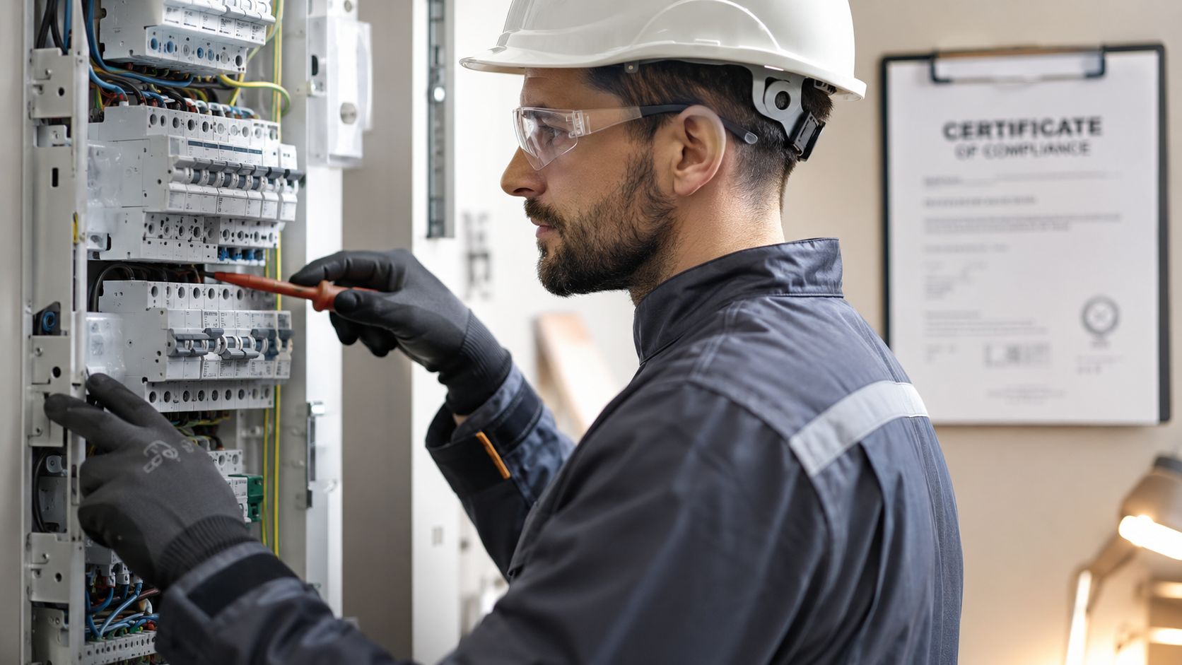 Elektriker i arbejdstøj og sikkerhedshjelm udfører elektrisk service på en fordelingstavle med værktøj og beskyttelseshandsker.