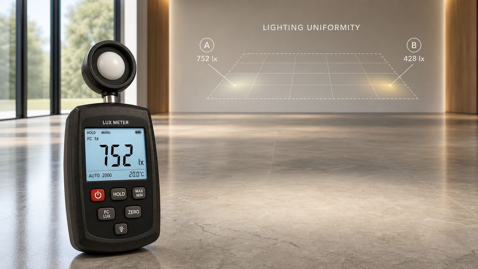 En digital luxmeter placeret på et flisegulv måler lysstyrken i et moderne rum med grafiske lysmålinger.