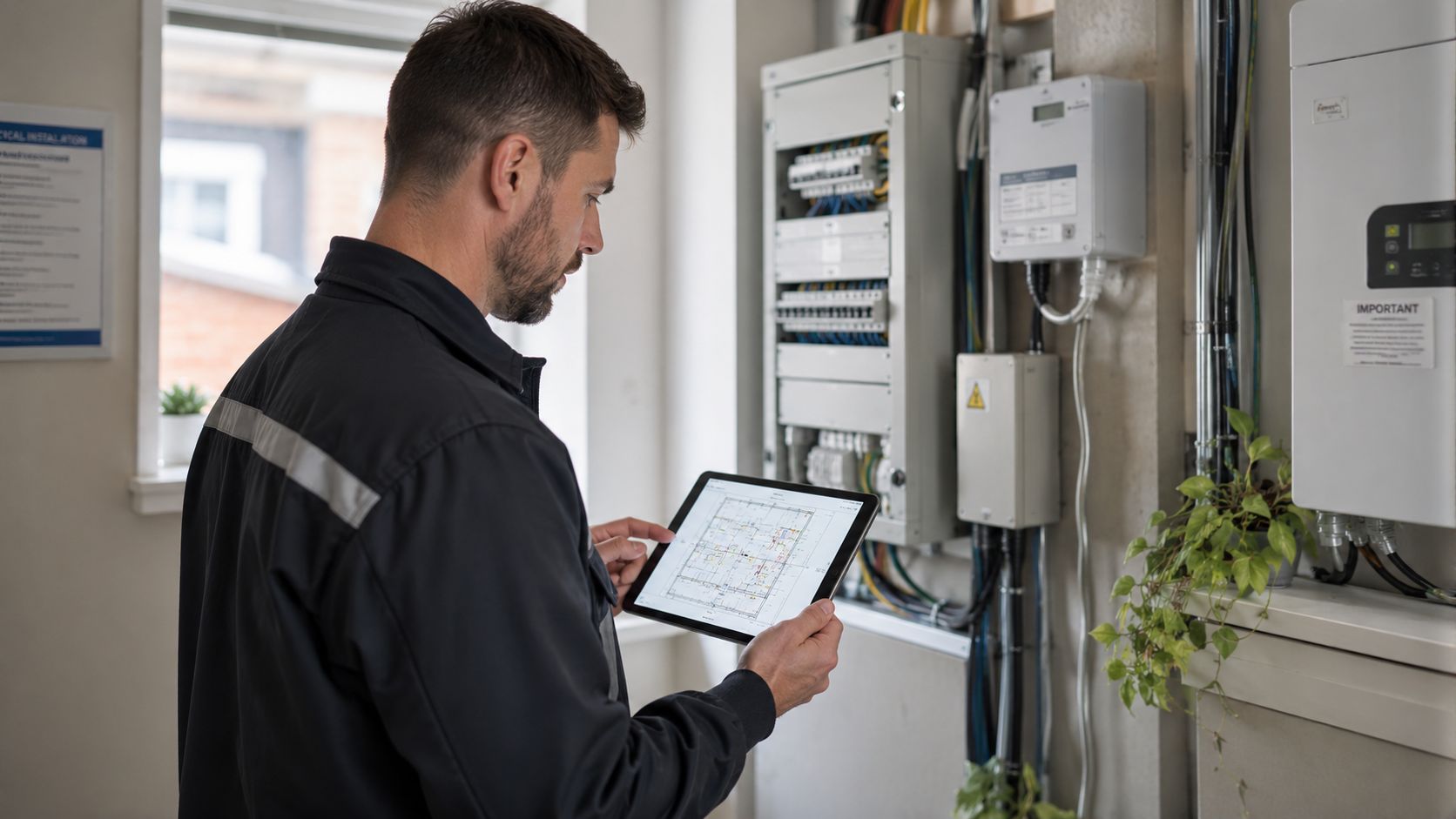 En elektriker gennemgår en teknisk plantegning på en tablet ved siden af et moderne elektrisk sikringsskab.