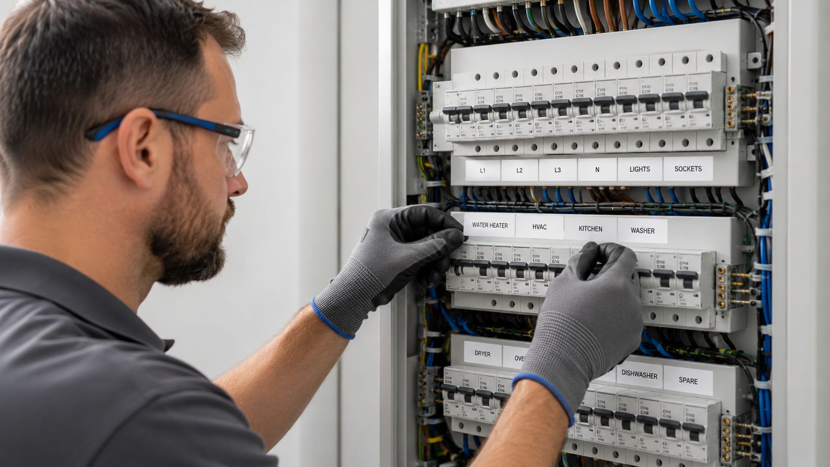 En elektriker arbejder med præcis opmærkning af en moderne eltavle i et professionelt miljø.
