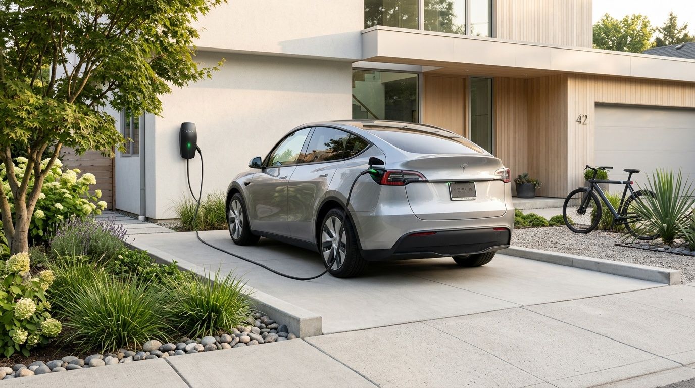 En sølvfarvet Tesla elbil parkeret i en indkørsel og oplades af en vægmonteret ladestander til elbil.