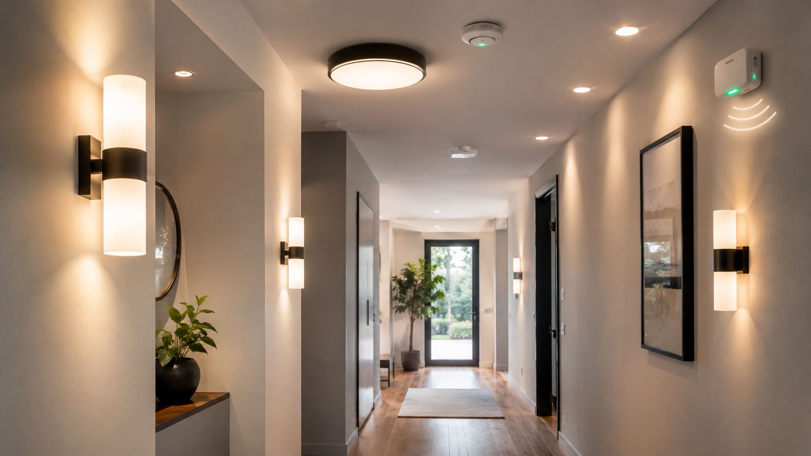 En elegant oplyst gang med moderne væglamper, smart sensorteknologi og en åben dør til haven for enden.