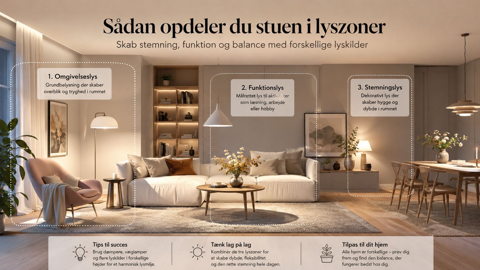Illustration der viser hvordan man opdeler stuen i tre forskellige lyszoner for at skabe balance og hygge.