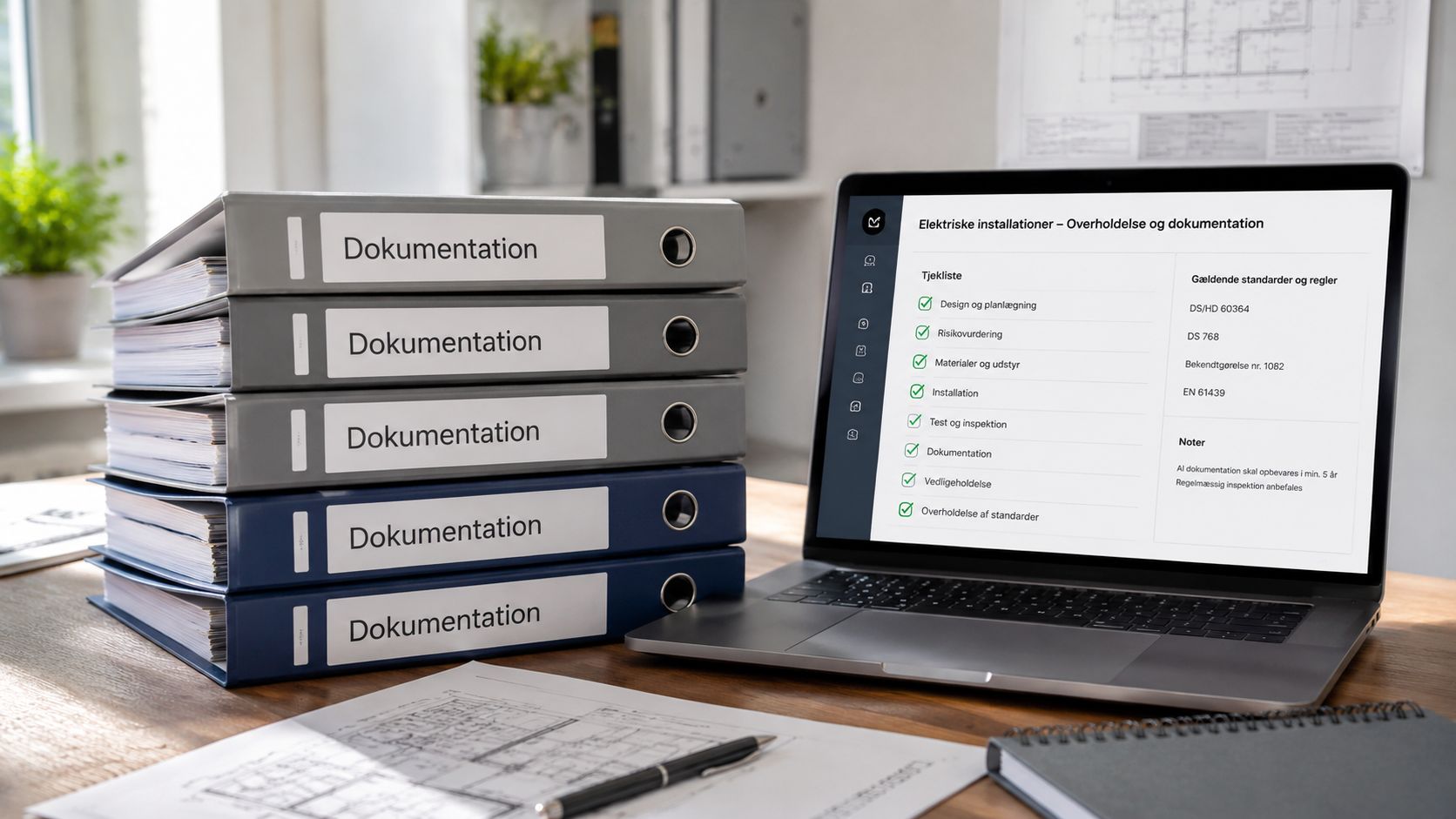 En bærbar computer med en tjekliste for elektriske installationer ved siden af en stabel dokumentationsmapper på kontoret.