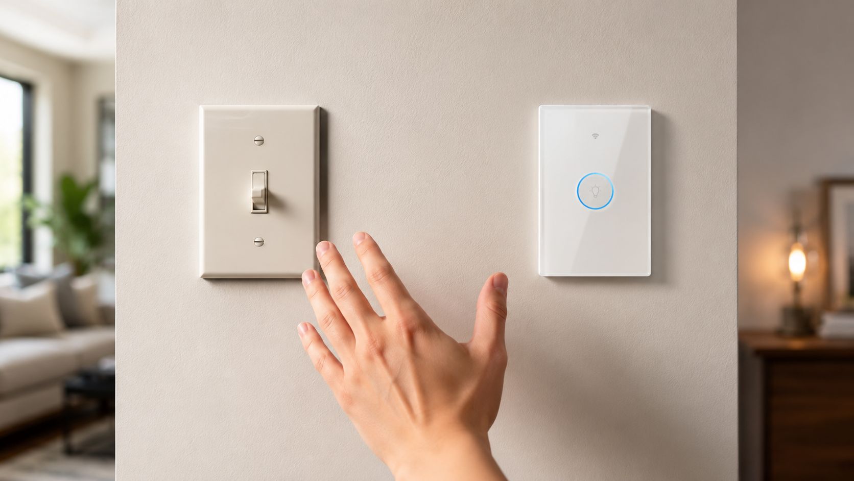 En hånd rækker ud mod en traditionel kontakt ved siden af en moderne smart lysafbryder på væggen.