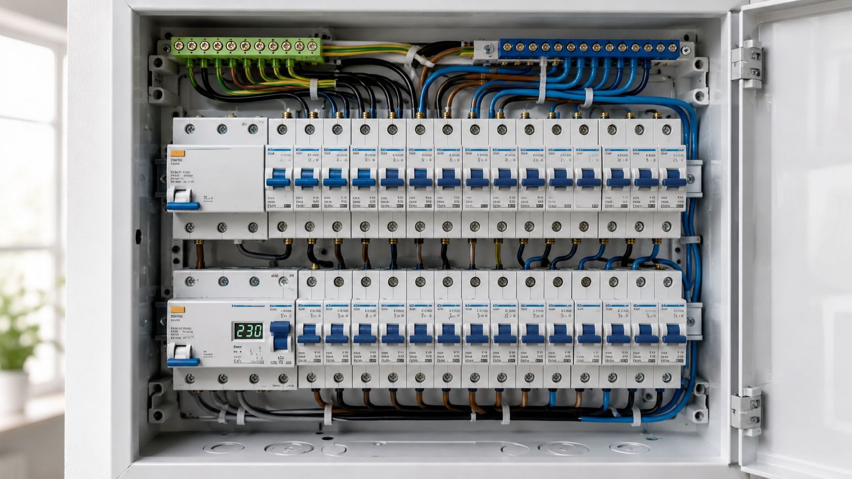 Et moderne elektrisk sikringsskab med mange automatsikringer og en digital voltmeter-skærm til overvågning af strømmen i hjemmet.