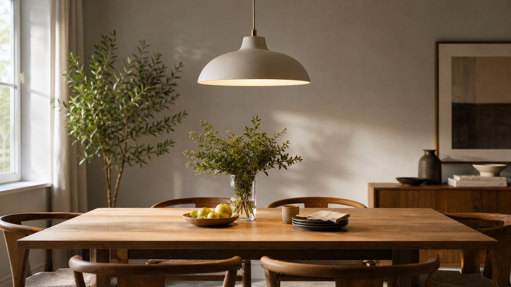 En elegant pendel hænger over et træspisebord med en vase, frugtskål og stole i et lyst rum.