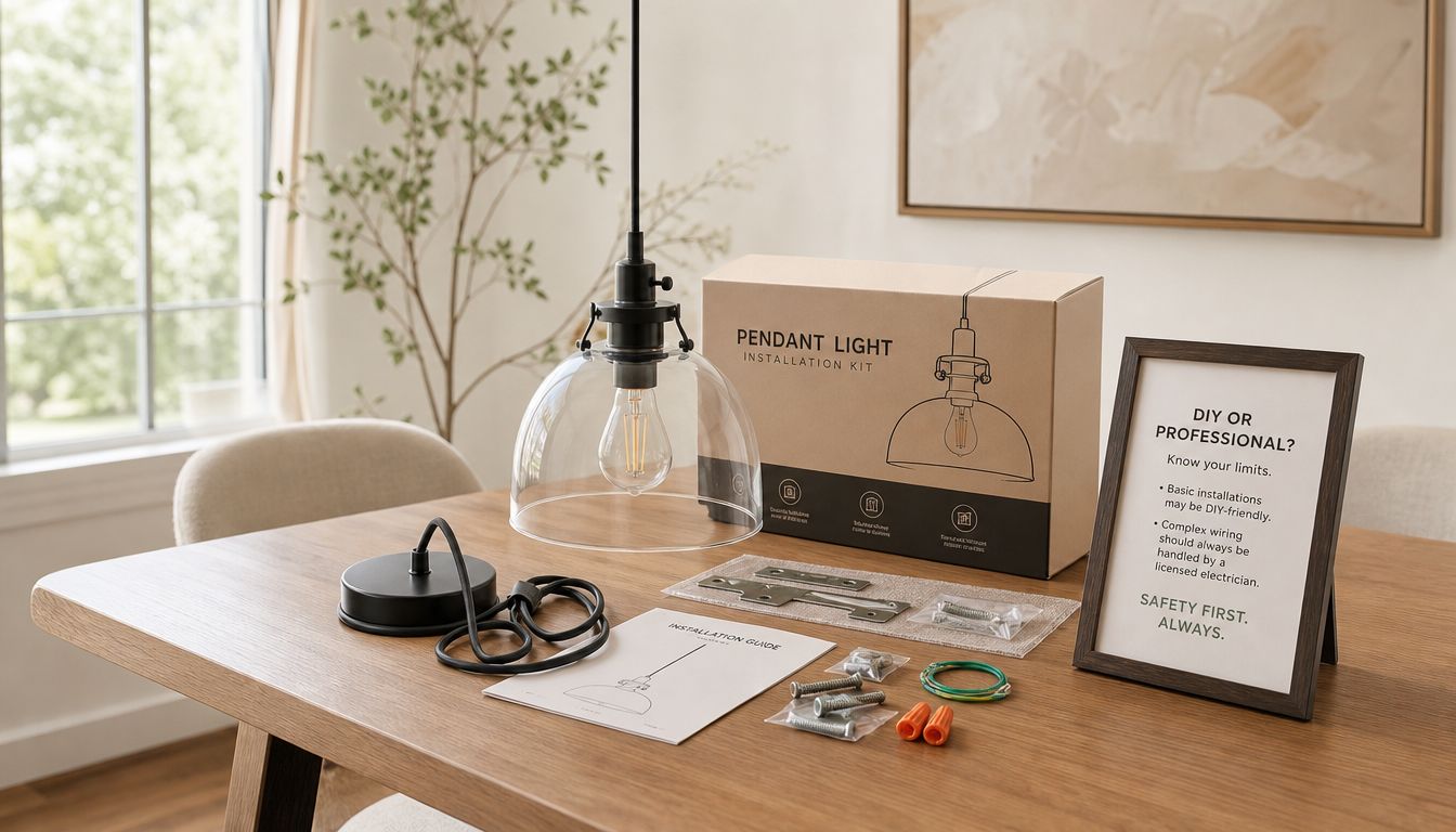 Sæt til montering af en elegant pendellampe over spisebordet med manual, værktøj og alle nødvendige installationsdele.