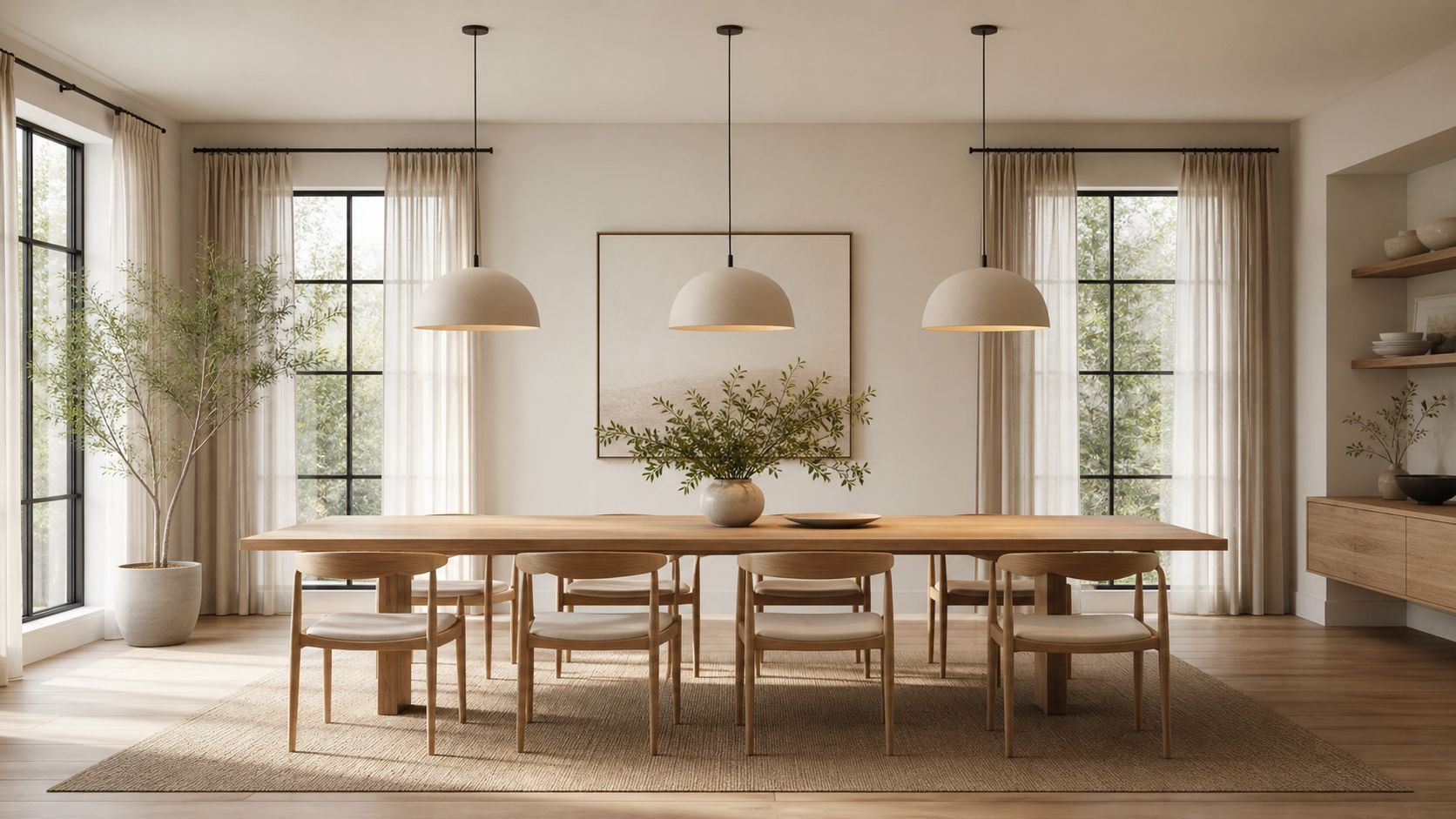 Moderne spisestue med et langt træbord, seks stole og tre elegante pendellamper hængende ovenover.