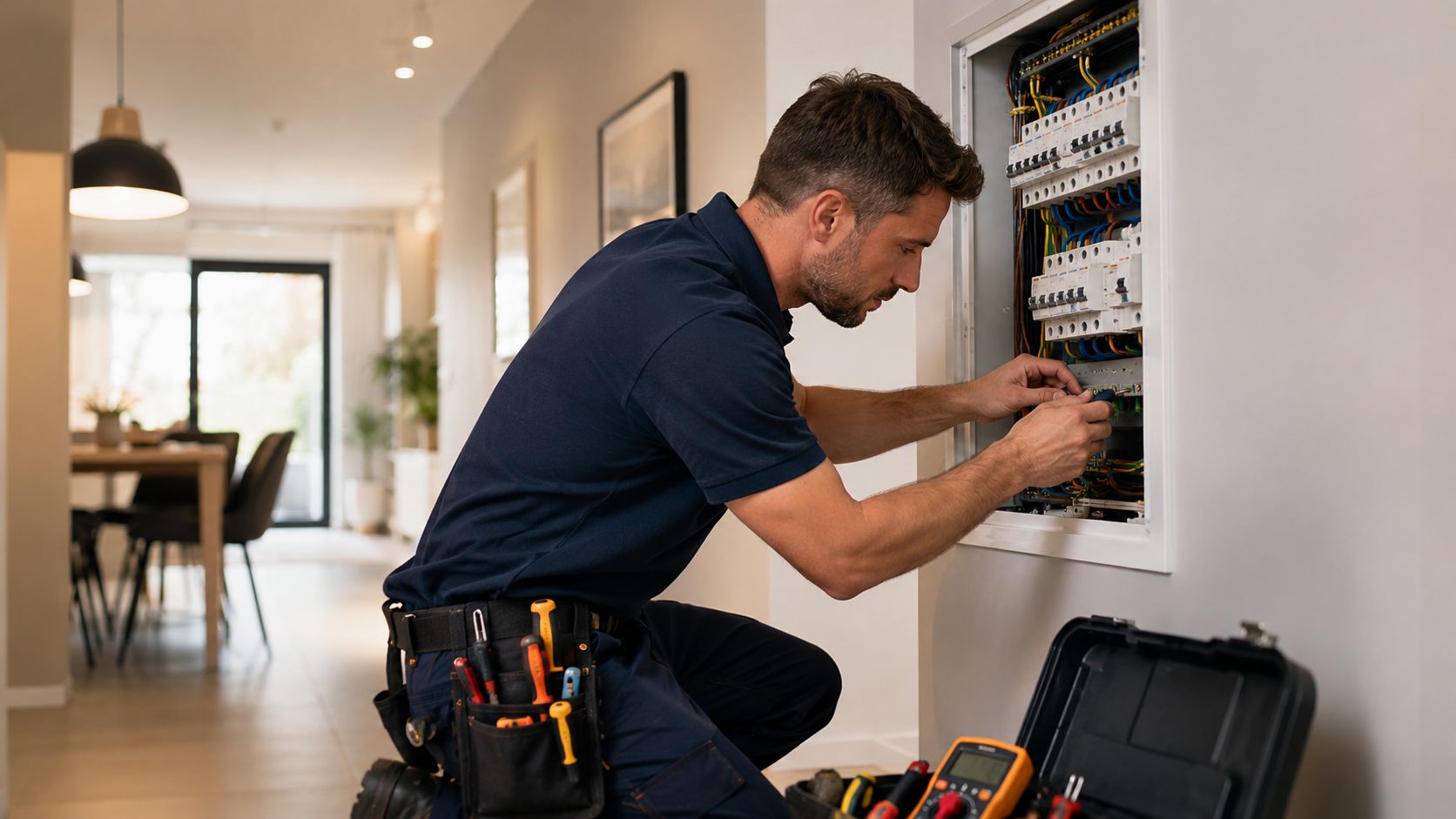 En professionel elektriker arbejder fokuseret på at installere eller reparere et moderne el-tavleanlæg i et privat hjem.