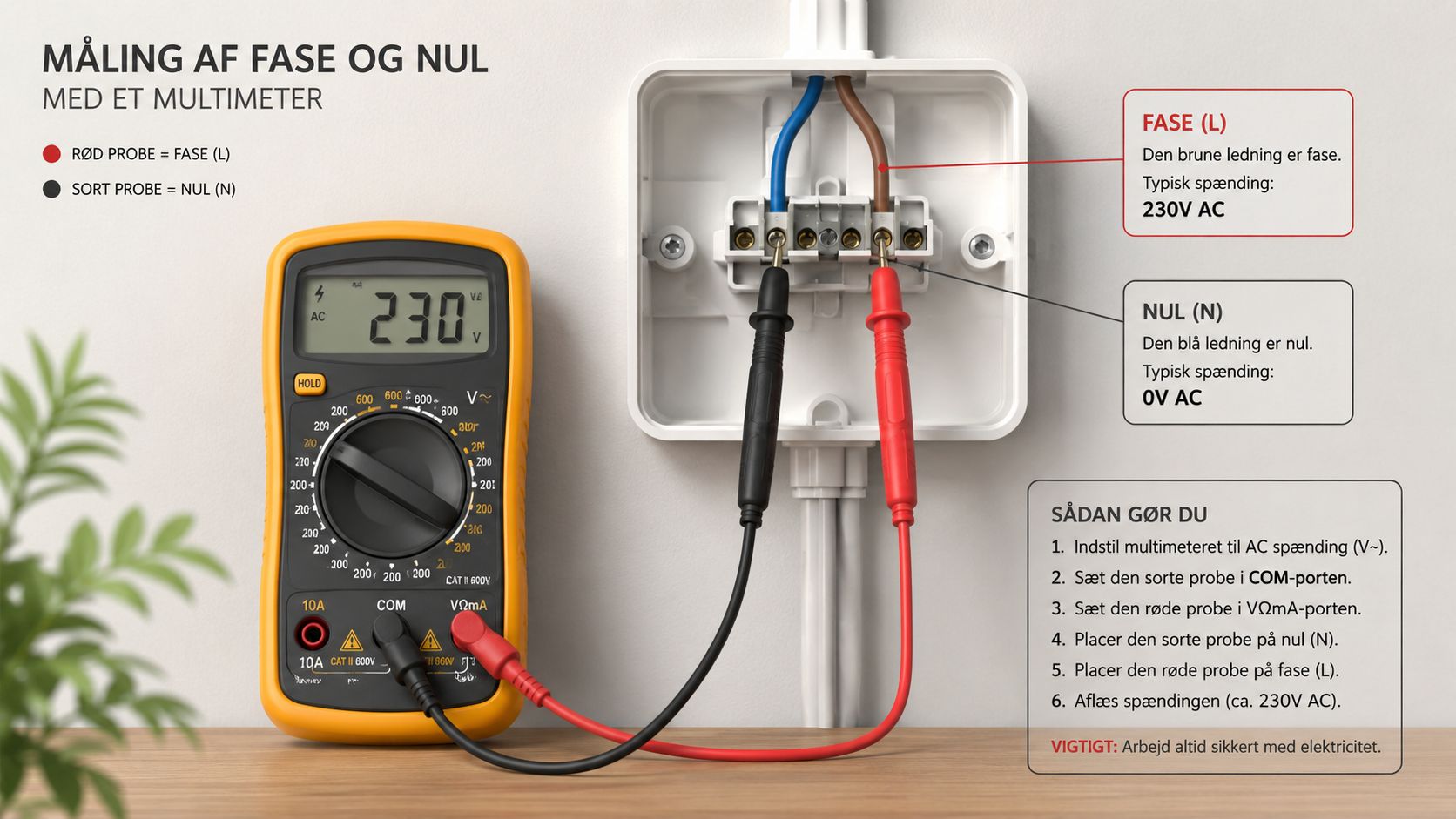Et multimeter måler spænding mellem den brune faseledning og den blå nulledning i en elektrisk samleboks.