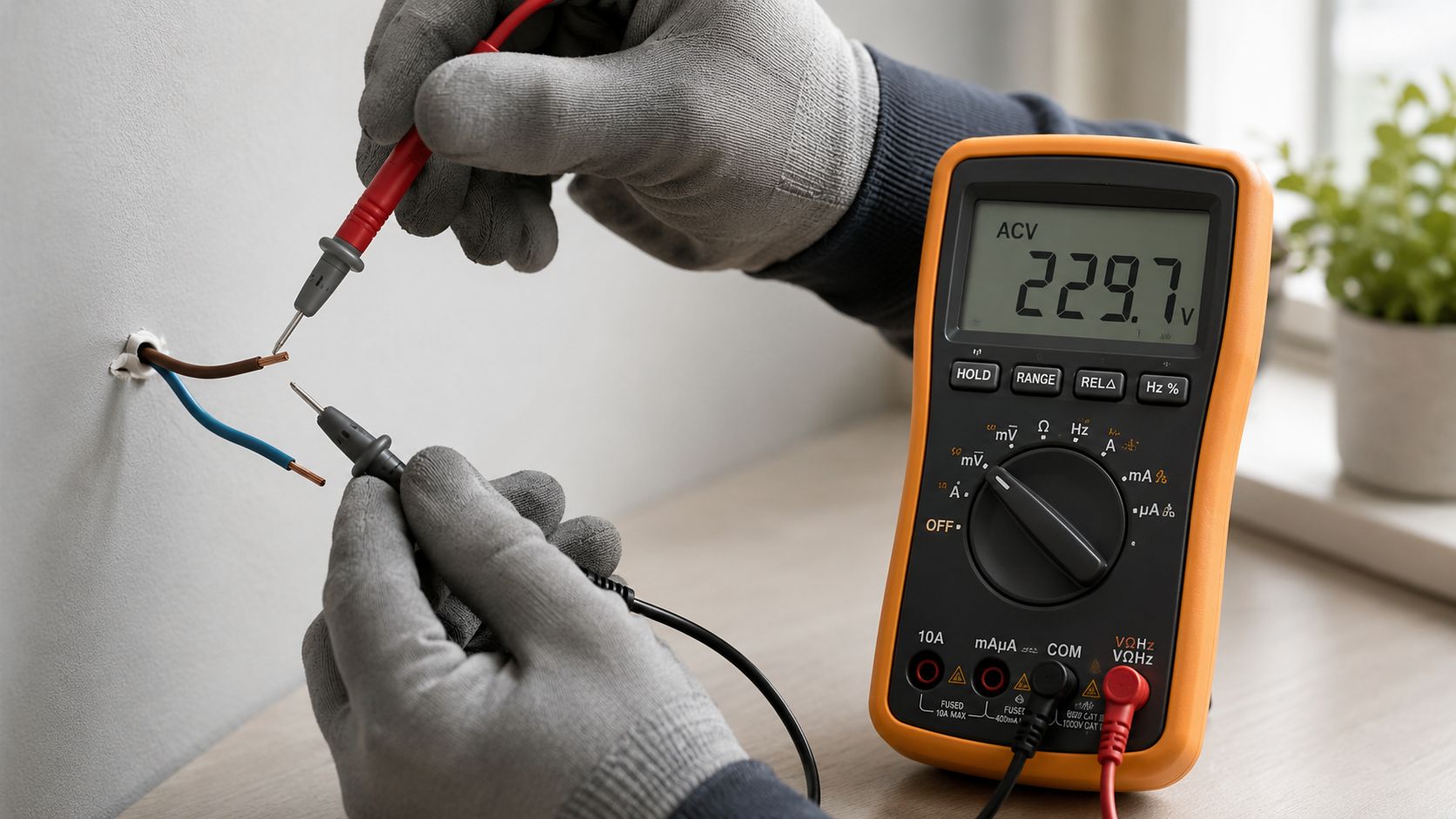 En elektriker måler spændingen på to elektriske ledninger med et multimeter i en væg.