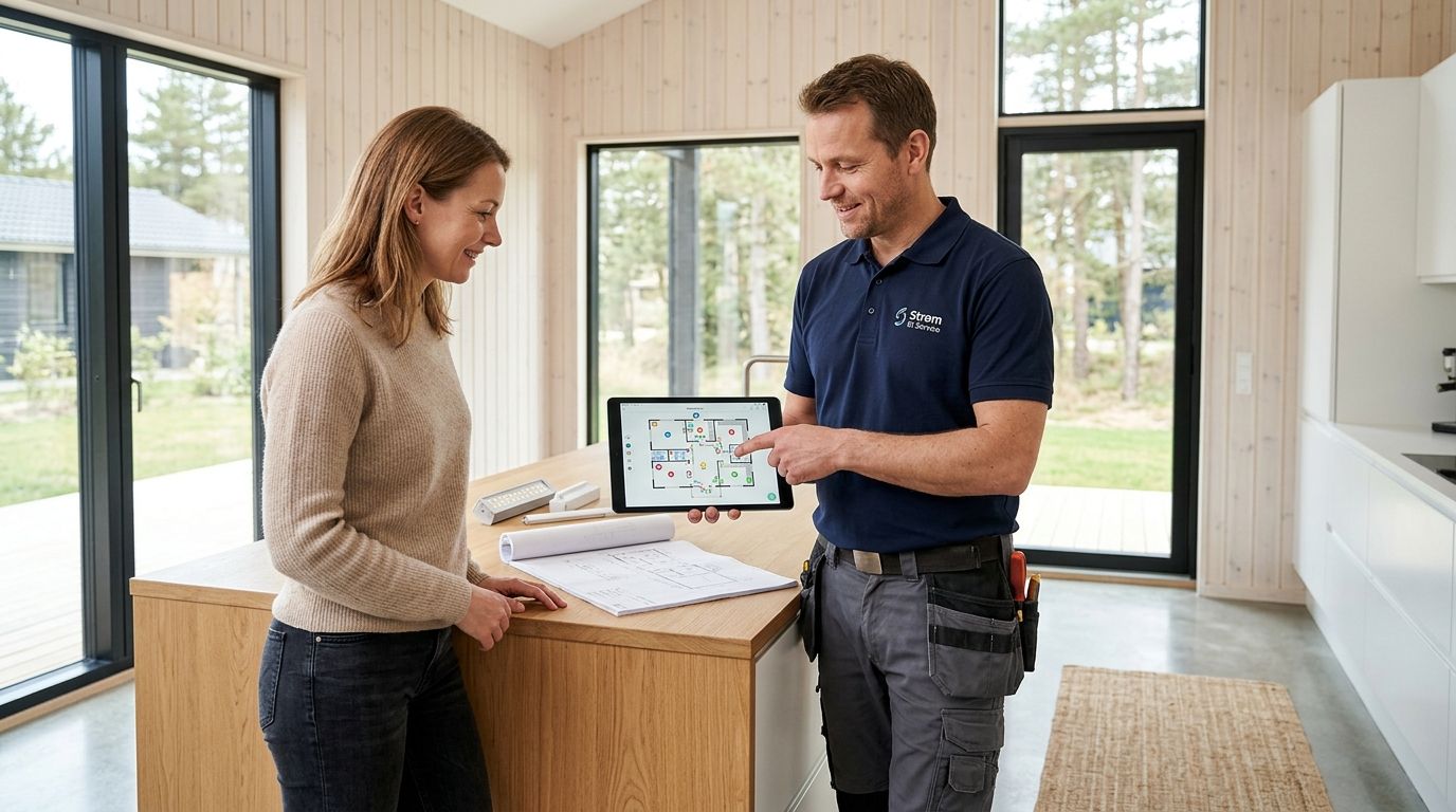 En elektriker gennemgår en plan over et sommerhus nybyggeri med en kunde på en tablet.