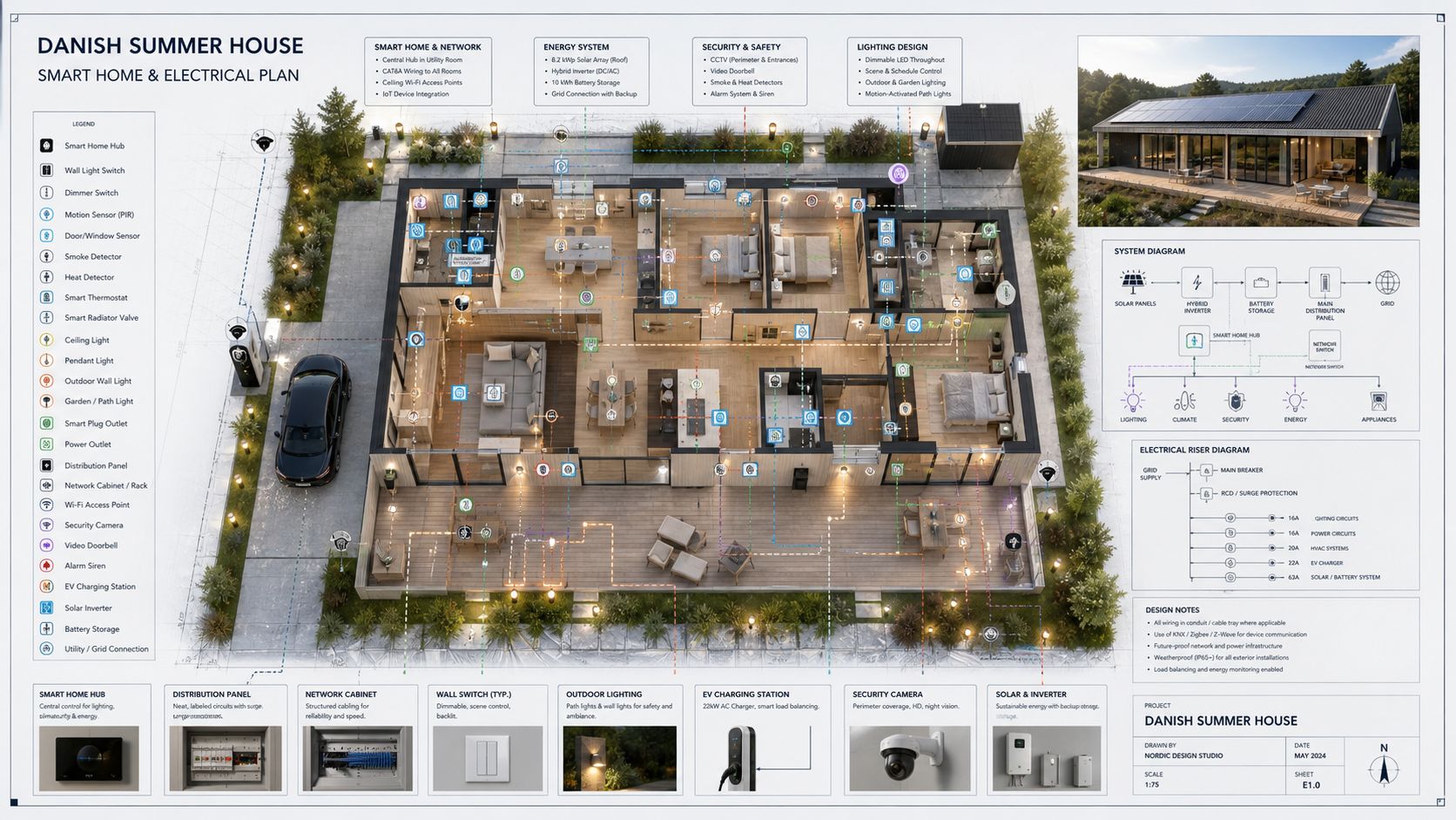 Detaljeret plantegning af et moderne dansk sommerhus med smart home teknologi og elektriske installationer.