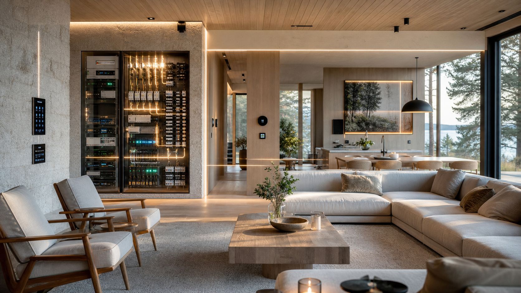 Moderne stue i et luksuriøst sommerhus med smart home teknologi, åbent køkken og smuk udsigt over skoven.