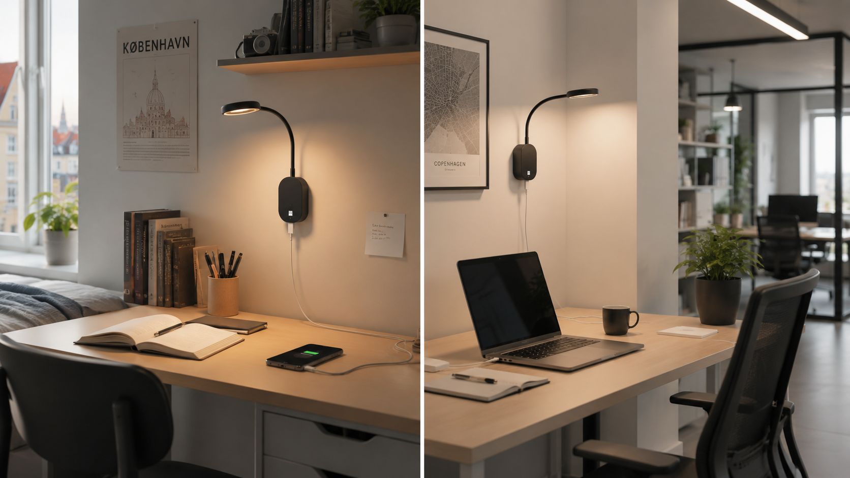Moderne sort væglampe med USB-port monteret over et skrivebord, vist i to forskellige arbejdsmiljøer.